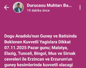 Durucasu Muhtarı Hacı Bayram Uçar’dan Şiddetli Yağış Uyarısı